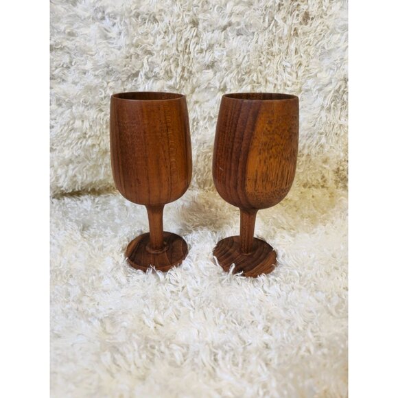 Vintage Hand-Carved Wooden Wine Goblets Set Of Two - Picture 1 of 11